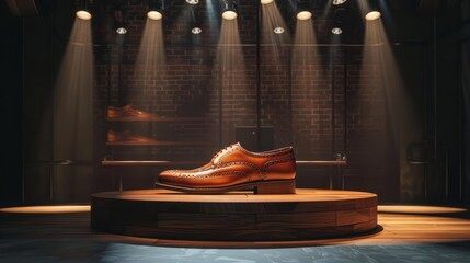 Empty studio with podium of classic leather shoes collection, highlighted by vintage lighting in retro styles, banner template sharpen with copy space