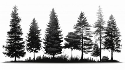 Fototapeta premium A black and white illustration of realistic trees in a nature park, with grass meadows and coniferous and deciduous trees. This is a transparent png with transparent background.