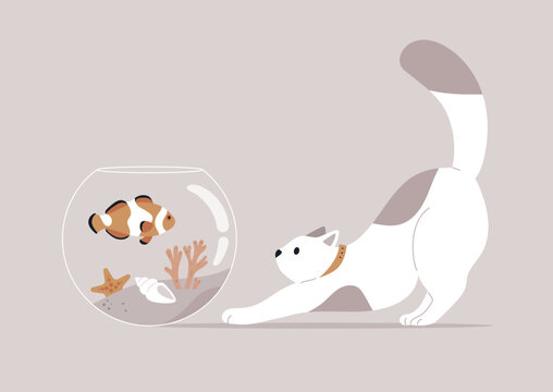 Enchanted Encounter, A Curious Cat Stretches Towards a Fishbowl, A playful cat reaches out to a fish tank with vivid clownfish inside, against a beige backdrop