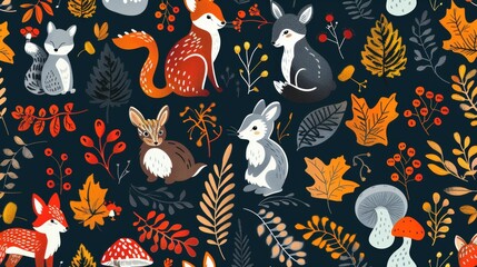 Design of autumn woodland landscape surface pattern with forest animals, trees, bushes, mushrooms, and berries.
