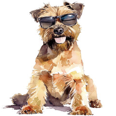 Smiling Border Terrier With Sun Glasses In Watercolor