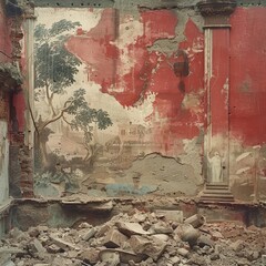 Faded murals on a crumbled wall hint at a culture long vanished, now just whispers under the unsettling crimson hue of a world in peril