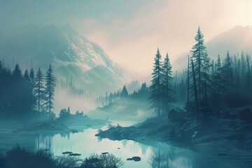 Fantasy landscape of an ancient taiga, rendered in minimal styles, unveiling a mysterious and ethereal environment, banner sharpen with copy space