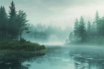 Fantasy landscape of an ancient taiga, rendered in minimal styles, unveiling a mysterious and ethereal environment, banner sharpen with copy space