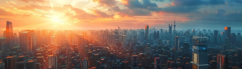 Futuristic landscape view of a bustling cityscape at dusk, depicted in futuristic styles, transforming urban vistas into art, banner template sharpen with copy space