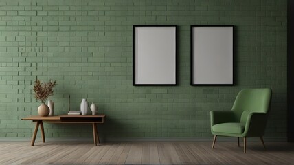 2 blank wall art mockup, close-up, vertical blank mockup green bricks wall theme