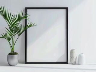 A black frame with a plant on a white wall.