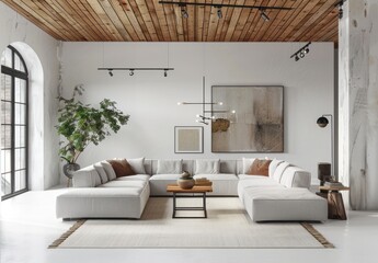 Minimalist living room with white walls, wooden ceiling and light grey sofa. The room has a minimalist aesthetic with white walls and a light grey sofa