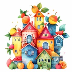 A colorful house with a bunch of fruit on it