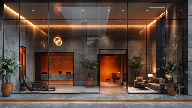 commercial lobby design, modern glass doors with branded signage and ambient lighting create a stylish lobby with interior design elements that inspire sophistication