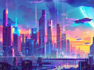 Illustration of a futuristic cityscape with hologram technology, featuring tall skyscrapers and flying vehicles, in a banner for web