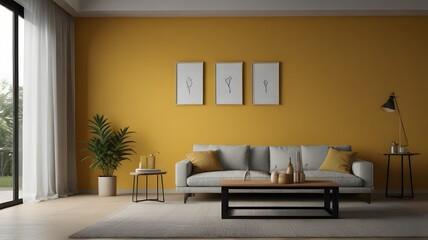 Fototapeta premium 3 blank wall art mockup, close-up, vertical blank mockup yellow wall theme