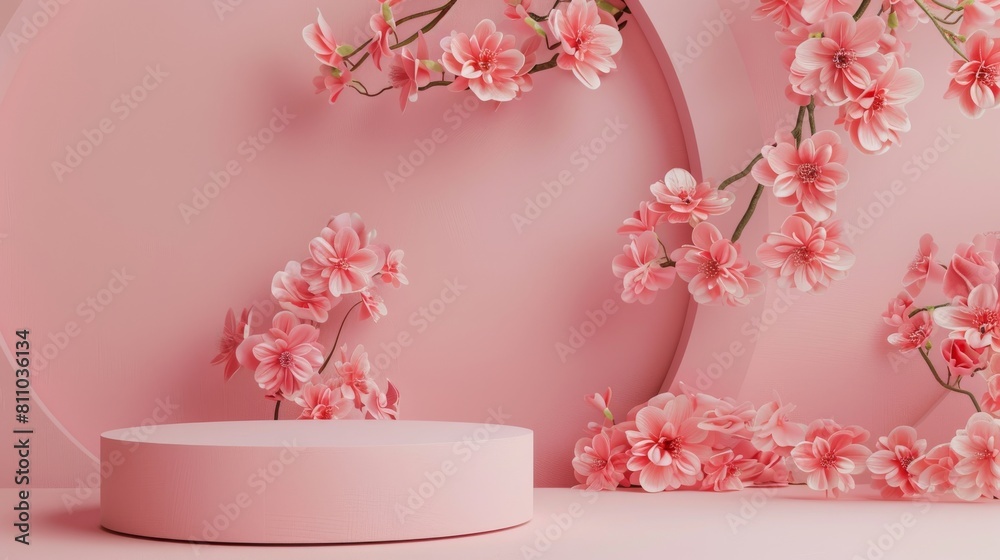 Leinwandbilder 3D rendering of empty space podium display for product mockup background with flowers