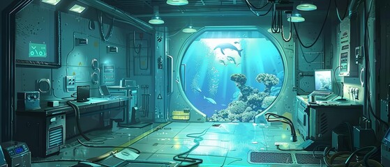 Fototapeta premium Illustration of an underwater research facility with hologram mapping of oceanic features, in a banner for advertise