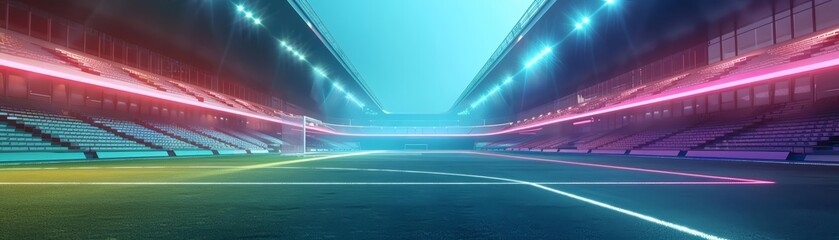 Imagine a futuristic soccer stadium bathed in neon lights, completely empty, creating an eerie yet captivating scene with copy space
