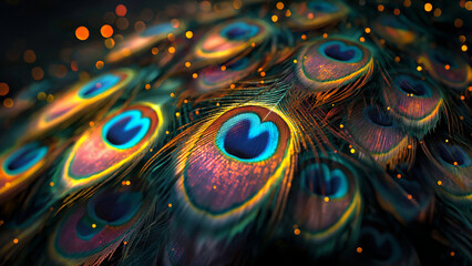 Close-up of luminous peacock feathers displaying vibrant colors and intricate patterns. 8k Wallpaper High-resolution, Luxury and nature concept.