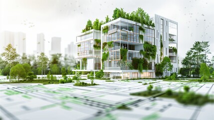 Modern building design as background Surrounded by white space and green plants. The structure is made of glass panels with green elements,Generative AI illustration.
