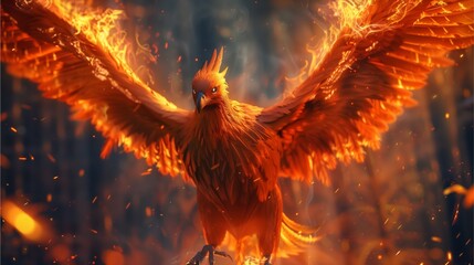 A majestic phoenix rising from the ashes with its wings spread wide and fiery feathers glowing in vibrant orange hues, focusing on its face,Generative AI illustration.