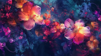 A vibrant display of abstract flowers blooming amidst a blue and pink hued background with a dreamy...