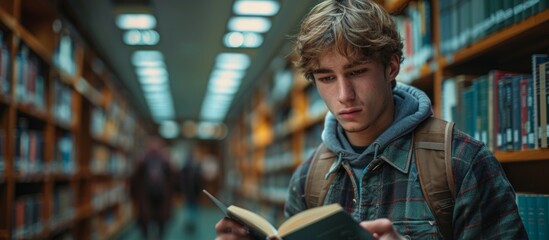 Young Man Reading a Book with Solid Green Background