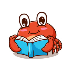 Illustration design of a cute and kawaii cartoon crab reading a book © Kitypaws design