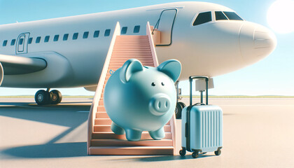 A pastel blue piggy bank walking up an airplane stairway with a travel suitcase, ready for a vacation