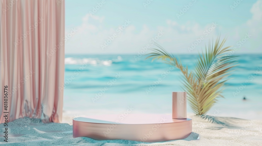 Leinwandbilder 3D render, minimal Summer background with empty podium or pedestal platform for displaying product, cosmetic scene for mockup, and beach swim elements.