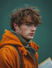 Young Man Reading a Book with Solid Green Background
