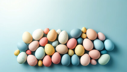 Obraz premium a collection of pastel-colored Easter eggs on a light blue background