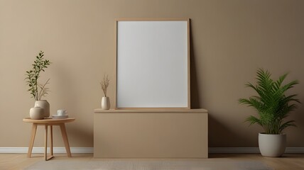 Blank wall art mockup, close-up, blank mockup with podium brown wall theme