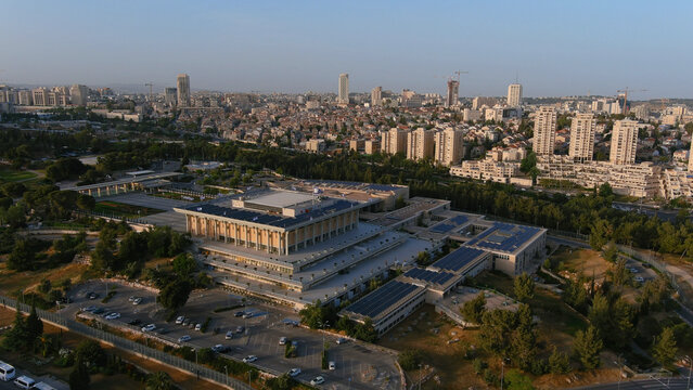 Israel knesset parliament close to sunset, aerial
Drone view from the capital of israel, Jerusalem, 2022, Israel
