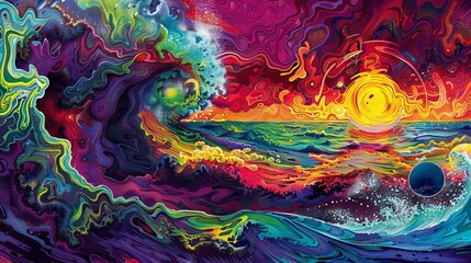 A psychedelic landscape filled with swirling patterns of vivid colors reminiscent of a tie-dye design. 