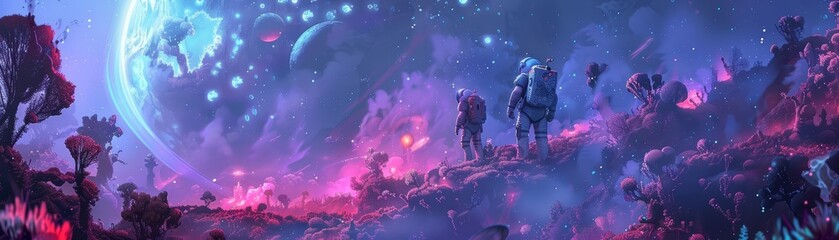 Fototapeta premium Picturing a group of astronauts discovering a glowing, neon forest on an alien planet, rendered in a futuristic scifi style