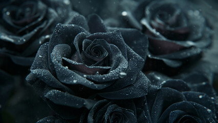 Black Roses Covered in Dew Drops, a Beautiful, Atmospheric Close-Up Suitable for Expressive Floral Designs and Romantic Graphics 8k Wallpaper High-resolution