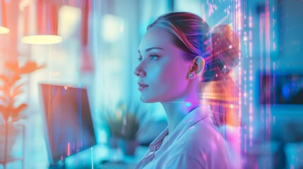 Realistic photo of a holographic virtual assistant in a home office, shimmering in pastel colors, banner for web
