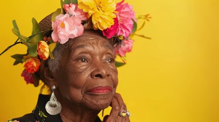 Senior black woman with spring flowers in studio against a yellow background
