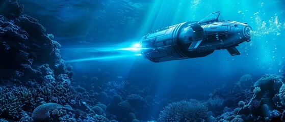 Realistic photo of an underwater robotic explorer with hologram, radiating in oceanic blue tones, navigating a coral reef, banner for advertise