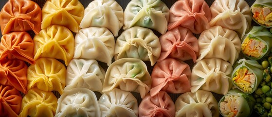 Revel in a colorful food collage of Dumplings, each piece a testament to the art of cooking, laid out in a captivating pattern that invites you to taste the world