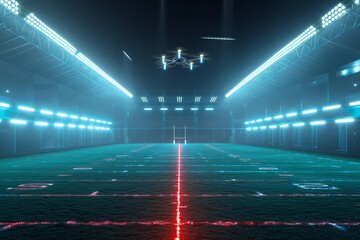 See a deserted rugby stadium where the field glows with bioluminescent lines and drones hover silently above, offering a glimpse of tomorrow with copy space