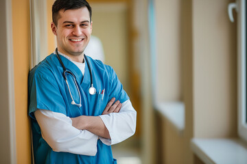 Portrait of a smiling male doctor standing with crossed arms in a hospital corridor. The doctor looks at the camera and smiles.