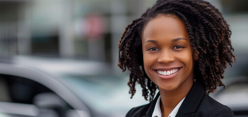 Portrait of a smiling African business woman. A woman sells cars in a car dealership.