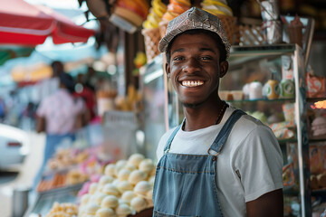 Рerson standing in grocery store Happy young African American man standing outside his small store with ice cream and other goods, smiling and looking at the camera.