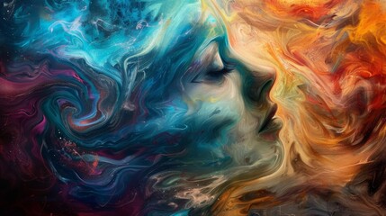A womans visage merges with vibrant, swirling cosmos colors in an abstract dreamscape.