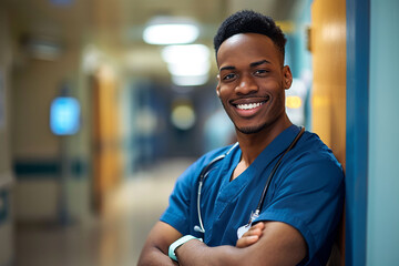 Doctor standing in hospital. Portrait of a young African American male doctor in a hospital. Young happy doctor smiling at the camera.