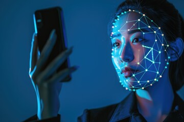 Woman holding a phone at facial recognition check. Face id technology background.