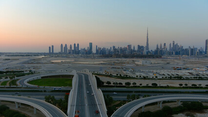 Fototapeta premium Dubai New Bridge with cityscape, aerial view Drone view from , Dubai,June,16,2022 