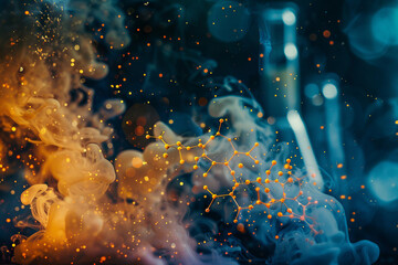 Chemical Vapors: Labware Amidst Molecular Formulas
Smoke revealing chemical schematics with laboratory containers in the background

