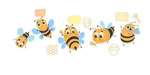 happy vibe bee cartoon with speech bubble, vector isolated, bee and honey,bee in poses.
