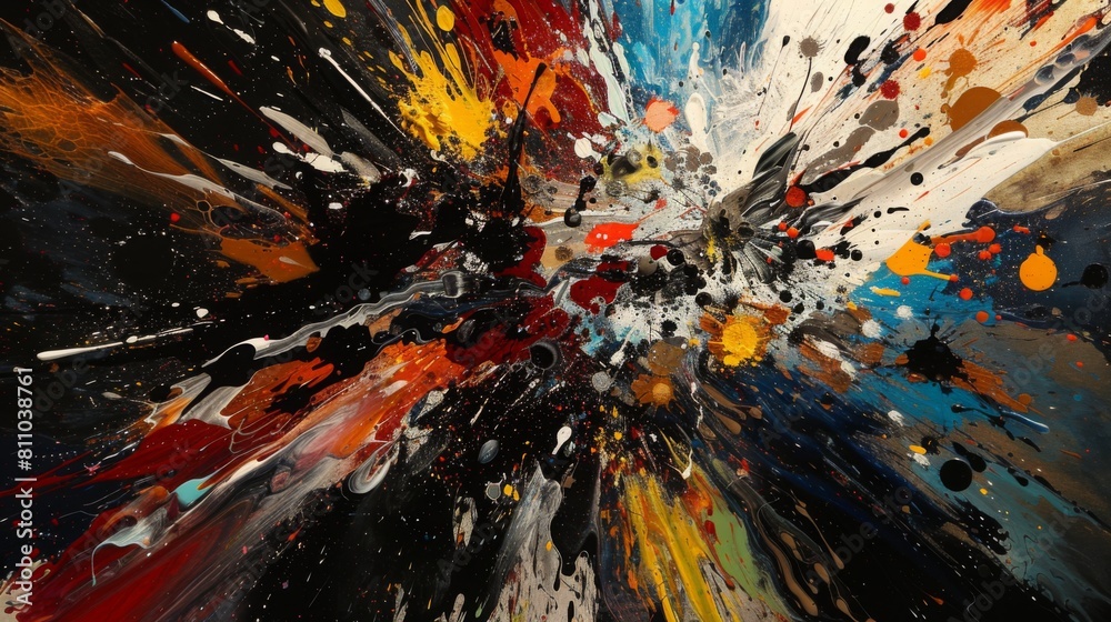 Leinwandbilder a vibrant abstract painting showcasing a dynamic explosion of multicolored splashes against a dark b
