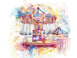 Watercolor of a festive carnival scene, capturing the excitement of rides and games in minimal styles, clipart watercolor on white background